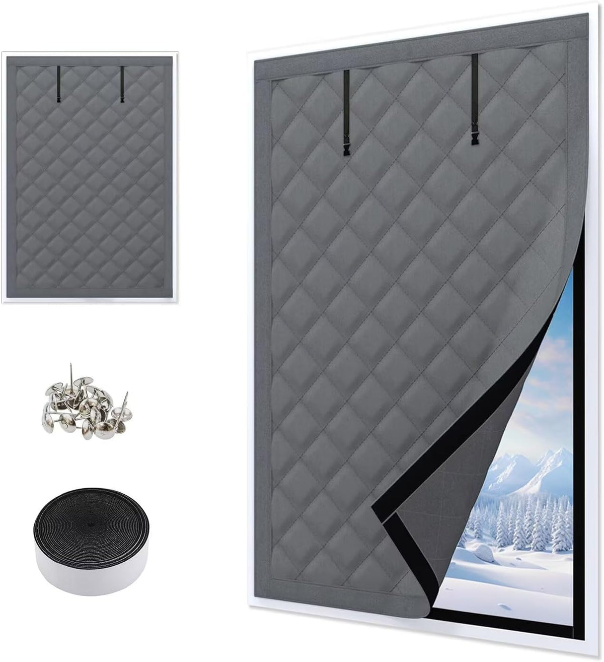 Winter Insulation Window Coverings - Size 49×69" - Oxford Cloth Winter Curtain Set - Freeze Proof Soundproofing Blackout with Tape - No Drilling Required - Gray