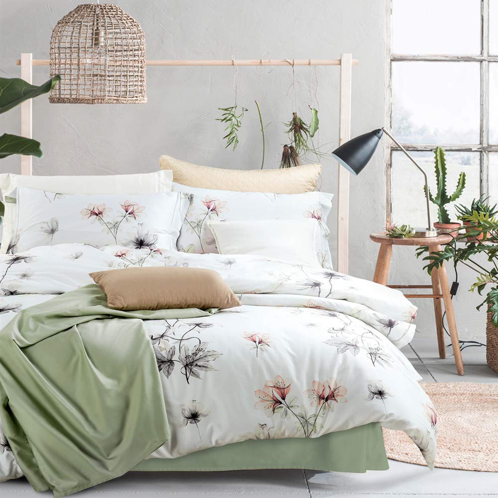 MILDLY White Floral Green Leaves Luxury Duvet Cover Set 3pcs King