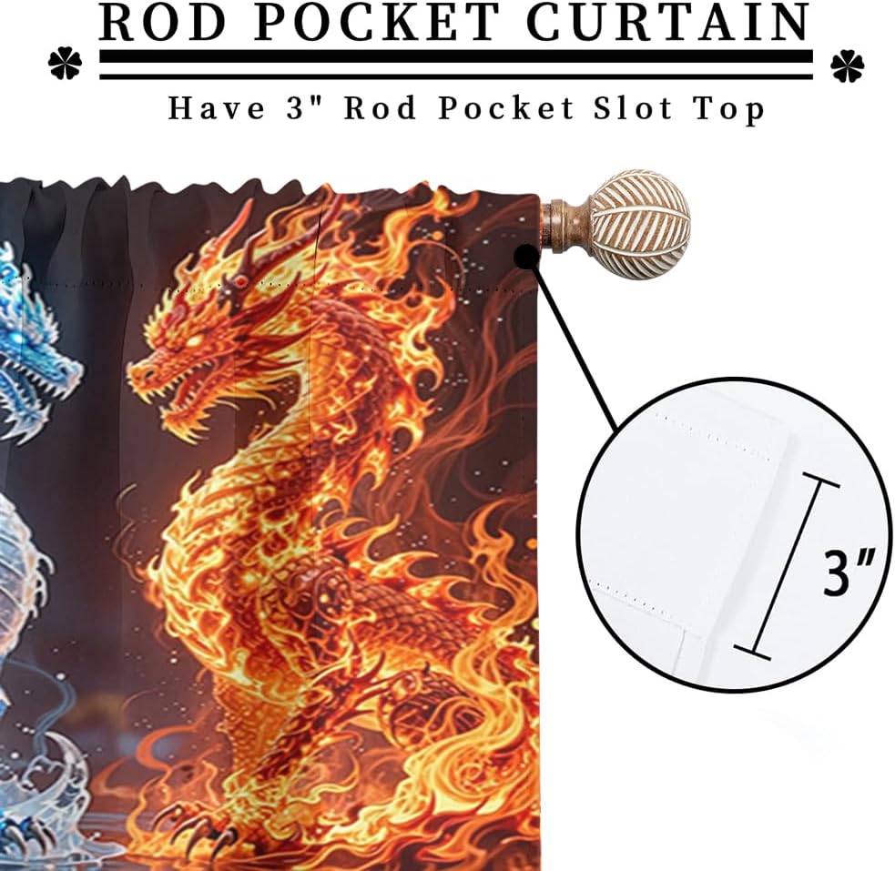 Dreamy Ice Fire Dragon Rod Pocket Curtains-Fantasy Yin Yang Theme Blackout Curtains & Drapes for Bedroom,Mythological Wild Animals Dragon Room Darkening Window Curtain,2pcs,Each 52“W x 96”L