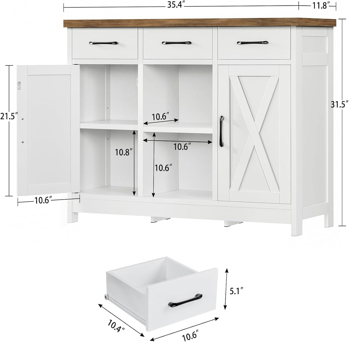 TEENFON Storage Cabinet, Coffee Bar Cabinet with 3 Drawers, 2 Adjustable Shelves & 2 Doors, Buffet Cabinet, Kitchen Cabinet for Kitchen, Dining Room, Living Room, White