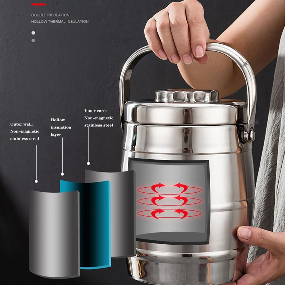 Non Magnetic Stainless Steel Double-Layer Insulation Lunch Box Bowl Drum Vacuum Bucket Convenient Rice Soup,8.0L