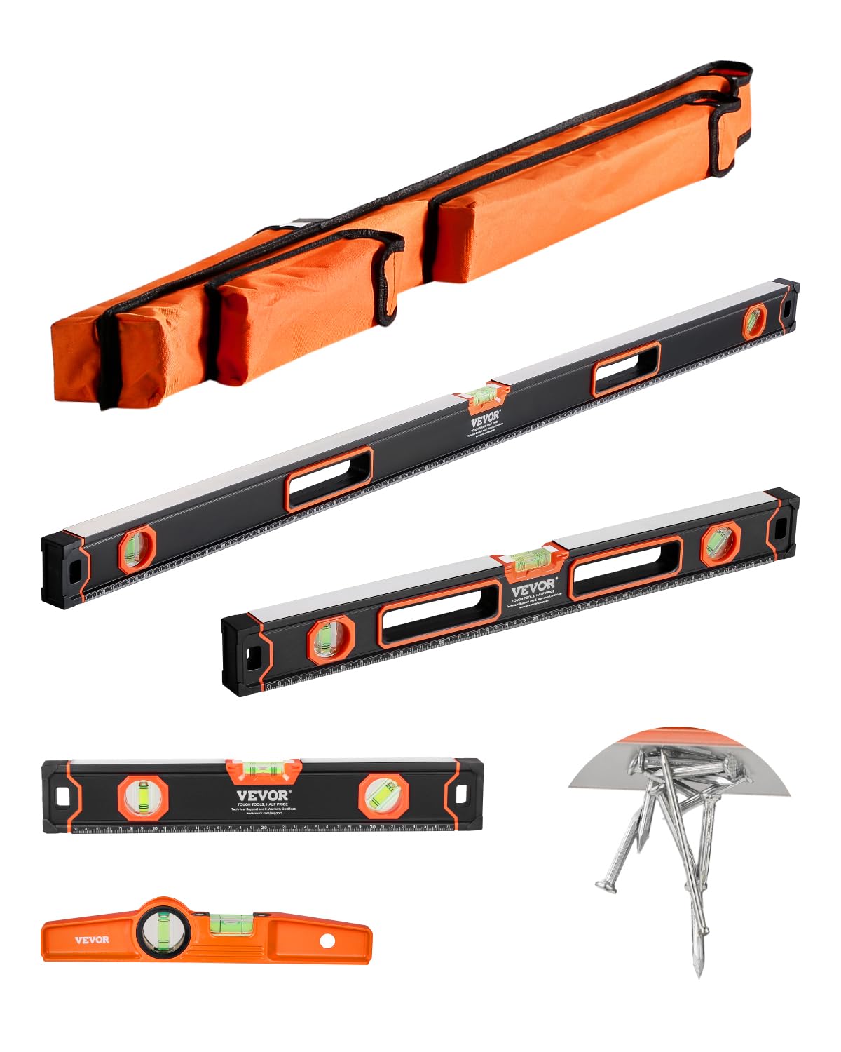 VEVOR 6-Piece Torpedo Level, 78/48/32/24/16/10 Inch All Magnetic Levels Set, Bubble Vials Ruler for 45/90/180 Degree, Aluminum Alloy Magnetic Box Leveler Tool, Shock-Resistance, SAE and Metric Scale