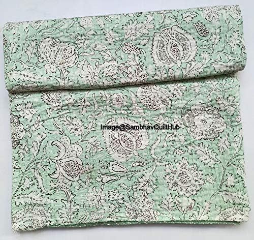 Indian Handblock Kantha Floral Printed Handmade Quilted Blanket Vintage Home Decorative KanthaThrow Blanket Kantha Bedcover Queen/King/CaliforiniaKing (Green, California King(108X108) inches)