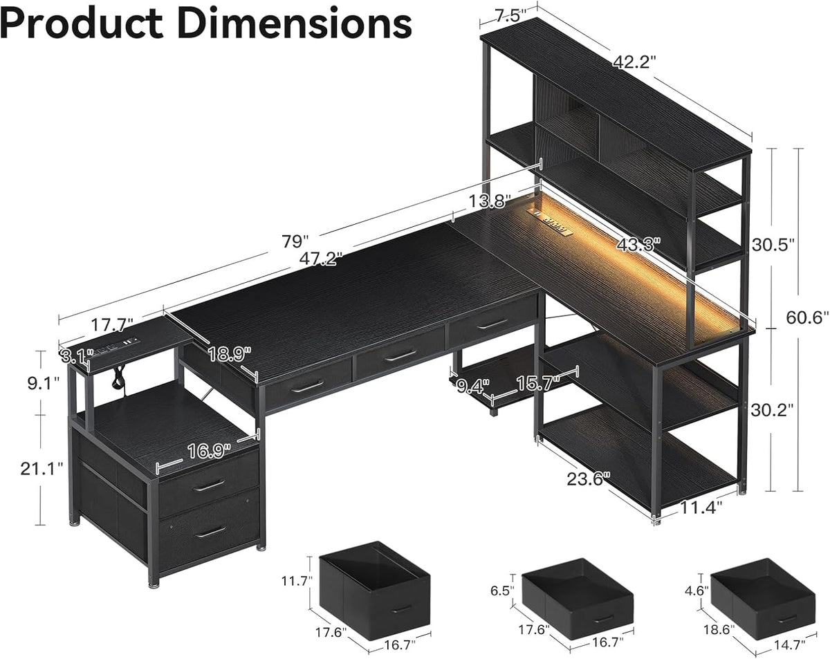 AODK 79 inch L Shaped Desk with 5 Drawers, LED Light & 2 Power Outlets