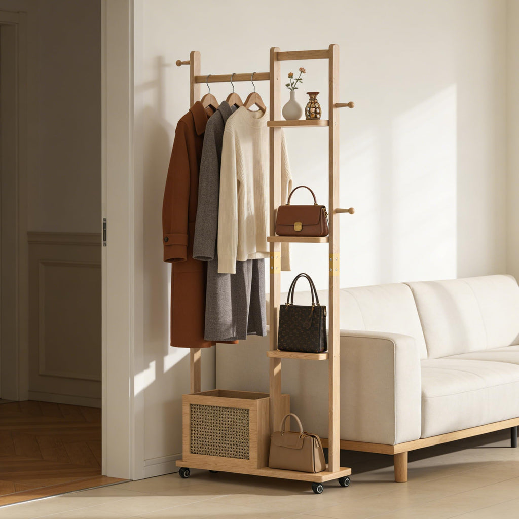 Solid Wood Coat Rack, Freestanding Clothes Rack with Wheels—Heavy Duty Clothes Rack with 2 Shelves, 4 Top Hooks & 5 Side Hooks Ideal for Wallets, Hats, Shoes, Clothes(Natural)