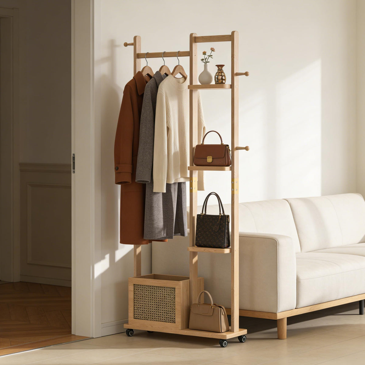 Solid Wood Coat Rack, Freestanding Clothes Rack with Wheels—Heavy Duty Clothes Rack with 2 Shelves, 4 Top Hooks & 5 Side Hooks Ideal for Wallets, Hats, Shoes, Clothes(Natural)