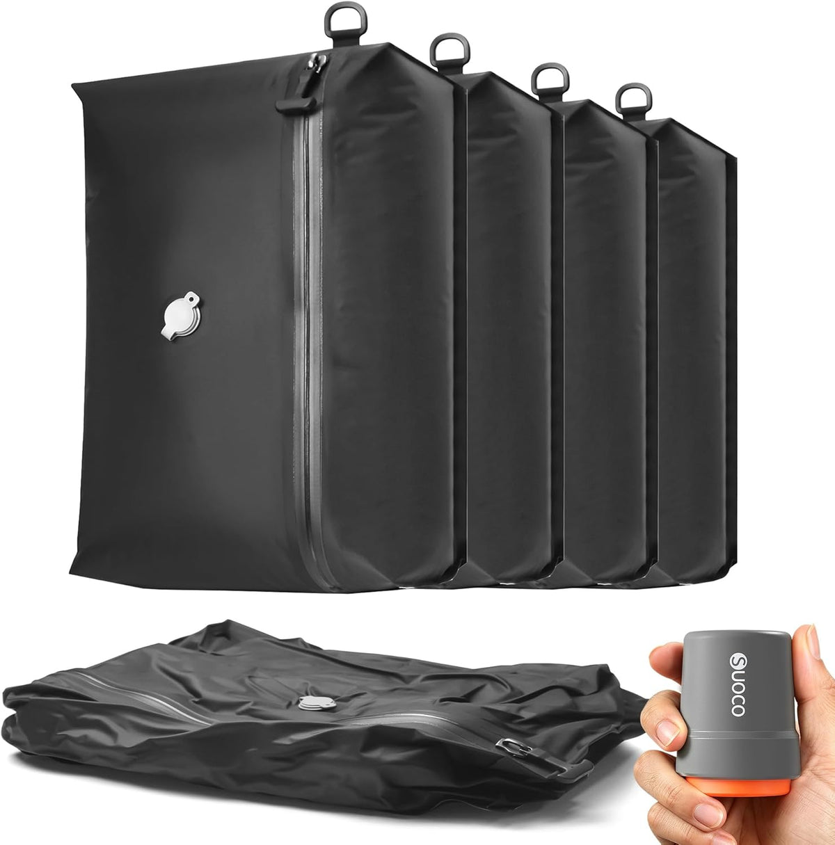 SUOCO Travel Pack Vacuum Kit, Vacuum Seal Bags for Clothing Travel with Cordless Pump, Carry-on Size Compression Packing Cubes for Luggage Suitcase Backpack, 4 Large
