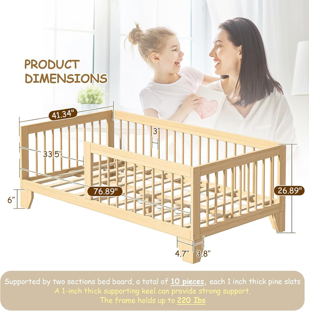 EXPERLAM Montessori Toddler Bed, Variable Twin Floor Bed Frame with Removable Guardrails and Legs, Low Wooden Kids Bed with 10 Slats and Supporting keel, Crib-to-Bed Transition for Bedroom or Nursery