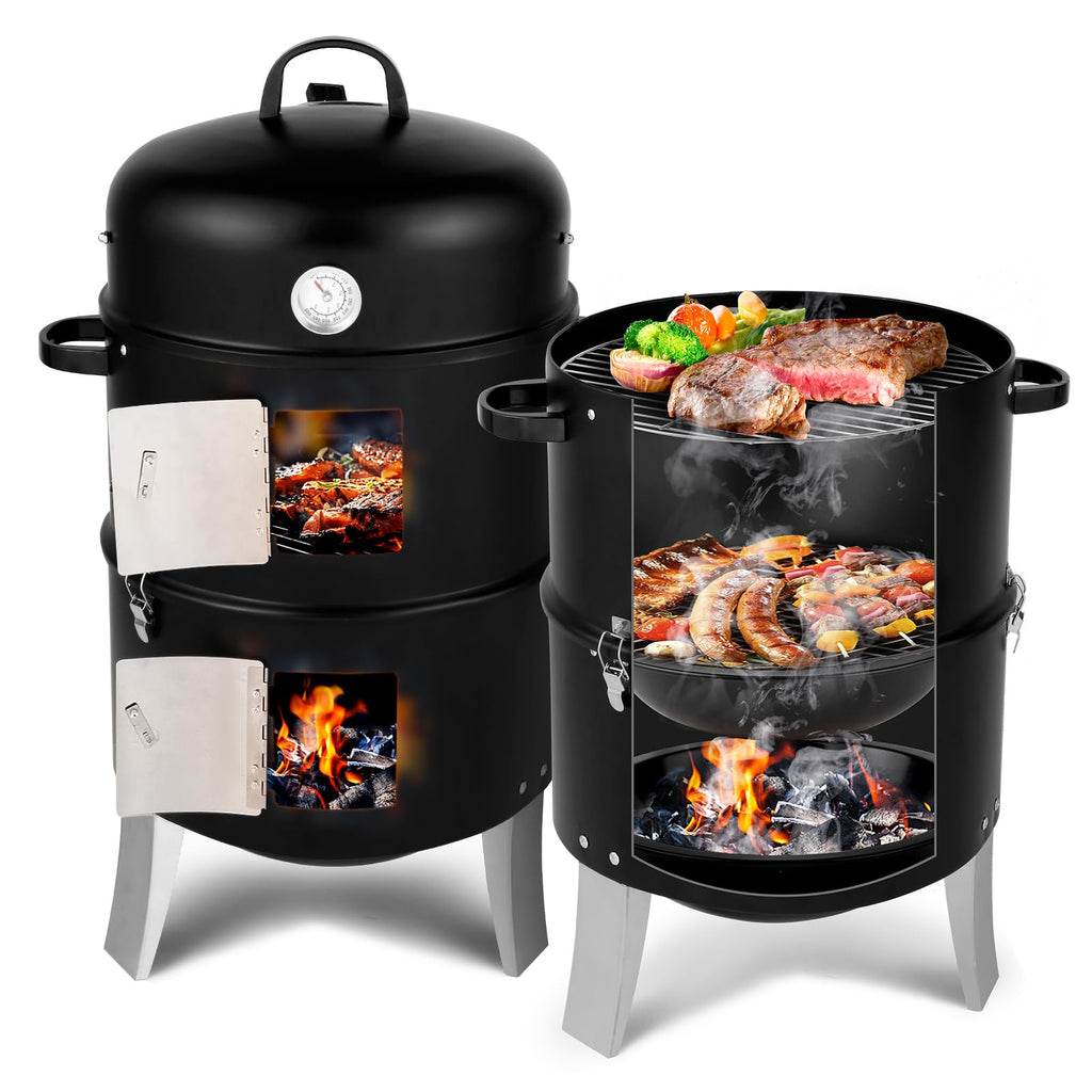 Vertical Charcoal BBQ Smoker, 3-in-1 16" Round Barbecue Grill