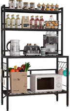 Bakers Rack with Open Bottom, 63''H Metal Microwave Stand with 8 Hooks, 4-Tier Heavy Duty Baker's Rack with Mesh Shelf, Multi-Purpose Display Rack&Potting Bench Table for Patio, Black