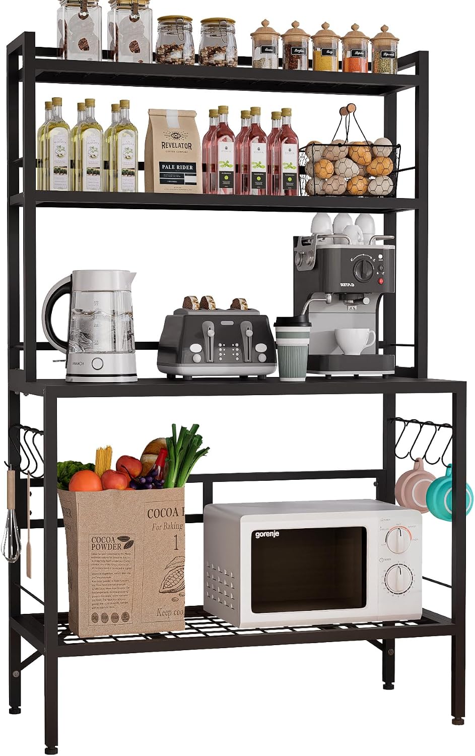 Bakers Rack with Open Bottom, 63''H Metal Microwave Stand with 8 Hooks, 4-Tier Heavy Duty Baker's Rack with Mesh Shelf, Multi-Purpose Display Rack&Potting Bench Table for Patio, Black