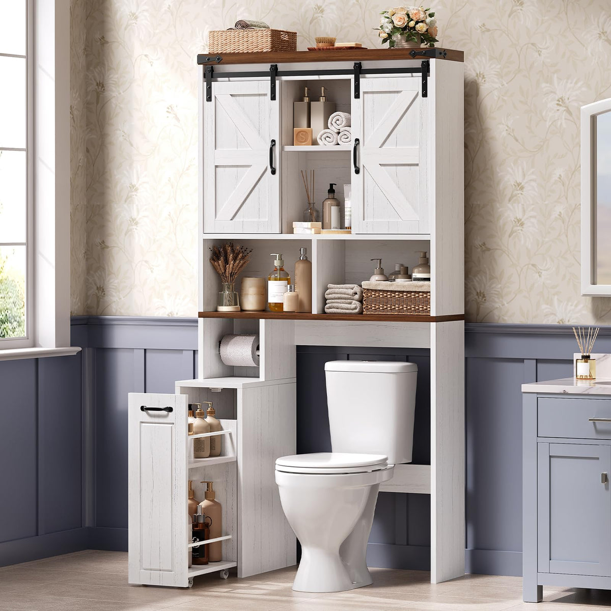UPOSOJA Over The Toilet Storage Cabinet with Pulley Small Bathroom Storage Cabinet, Space Saver W/Adjustable Shelf & Open Shelf for Bathroom, Restroom, Laundry (White)
