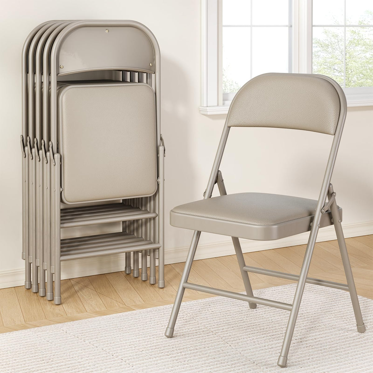 Folding Chairs 4 Pack,350 lbs Heavy Duty Metal Frame Folding Chairs with PU Leather Padded Seat,Ergonomic Portable Foldable Chair with Non-Slip Rubber Feet for Indoor Outdoor Wedding Patio Party,Black
