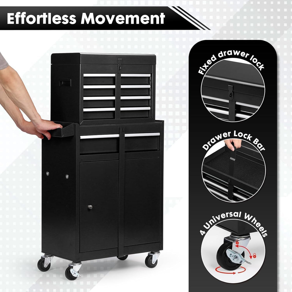 5-Drawer Rolling Tool Box with Lockable Wheels, Tool Chest with Detachable Tool Box, 4 Hooks, and Liner, Heavy-Duty Metal Tool Cart for Garage and Workshop Storage, Black