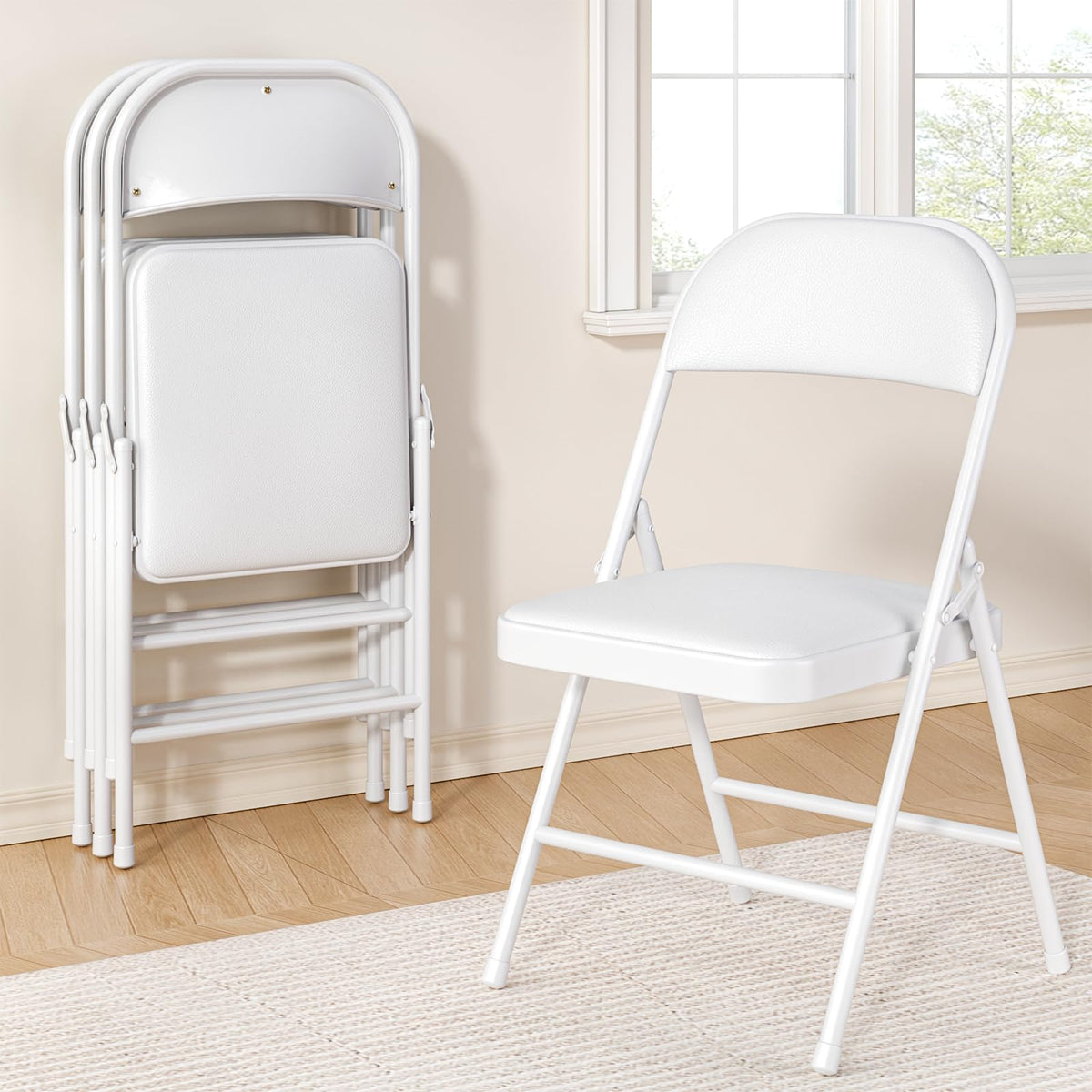 Folding Chairs 4 Pack,350 lbs Heavy Duty Metal Frame Folding Chairs with PU Leather Padded Seat,Ergonomic Portable Foldable Chair with Non-Slip Rubber Feet for Indoor Outdoor Wedding Patio Party,Black