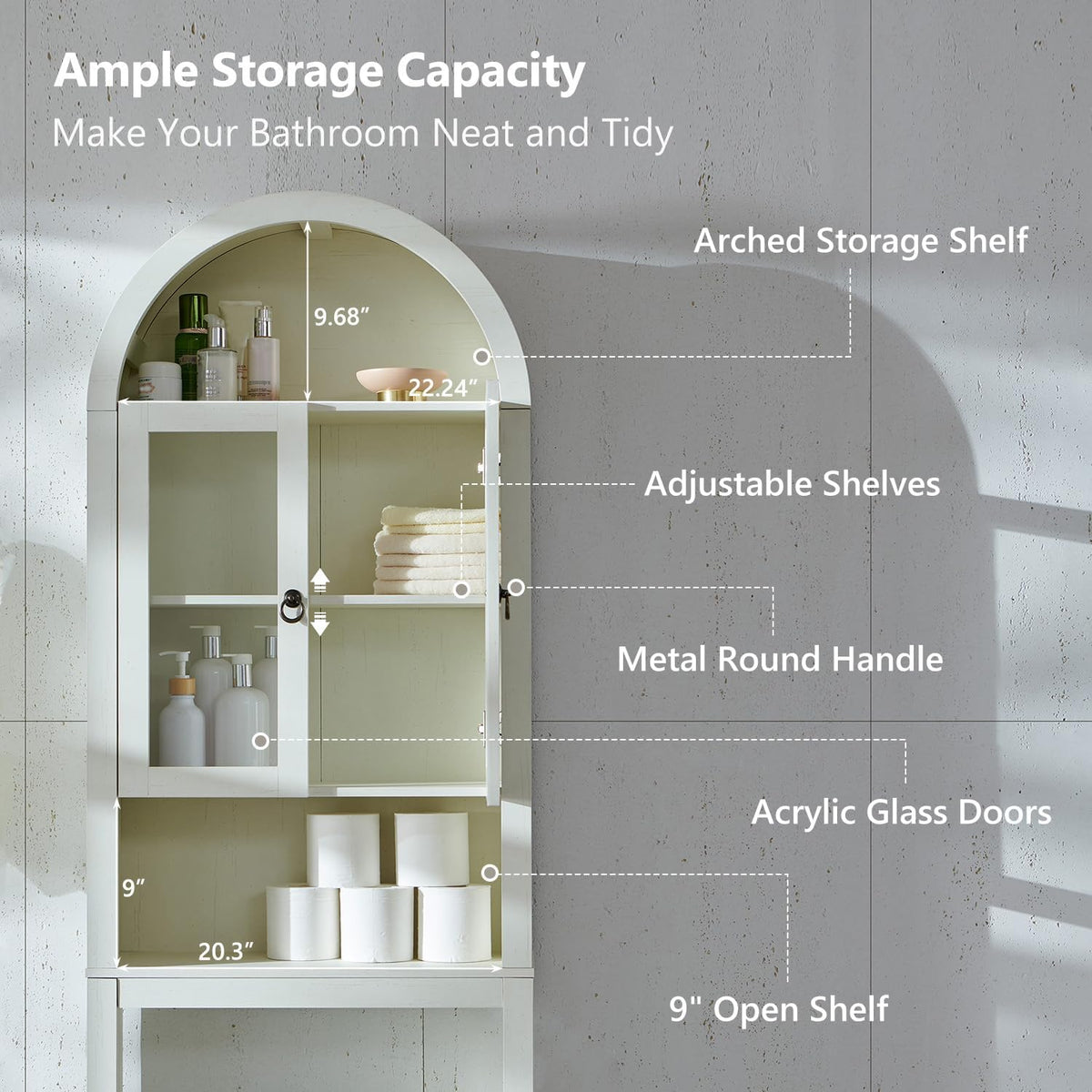 IFGET Arched Over The Toilet Storage Cabinet w/Acrylic Doors, Antique White