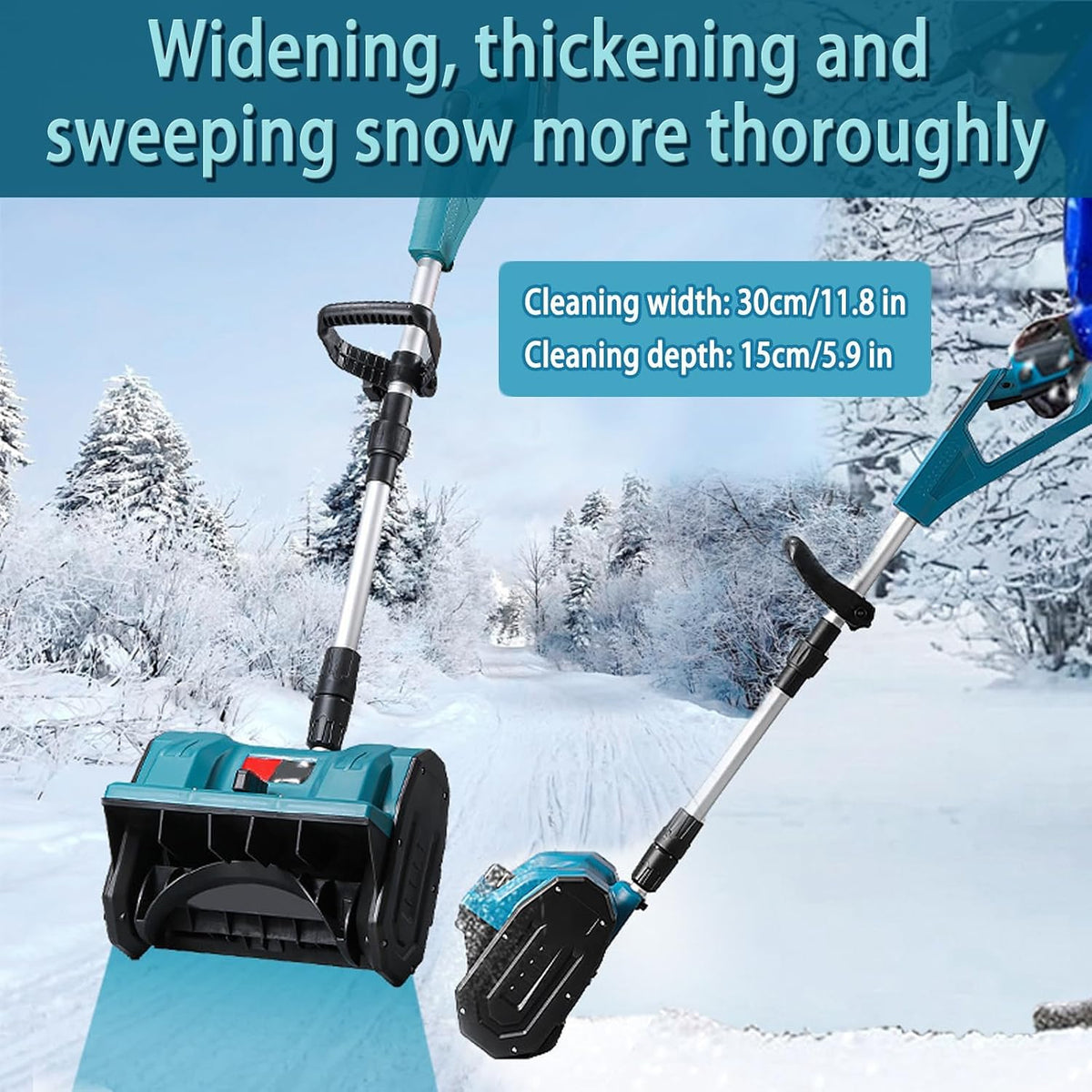 Cordless Snow Blower, Adjustable Handle for Easy Storage, Portable Brushless Electric Winter Snow Thrower - Cleaning Width 30cm/11.8in, for Deck,Steps,Patio,Driveway & Sidewalk Blue 1 Batteries