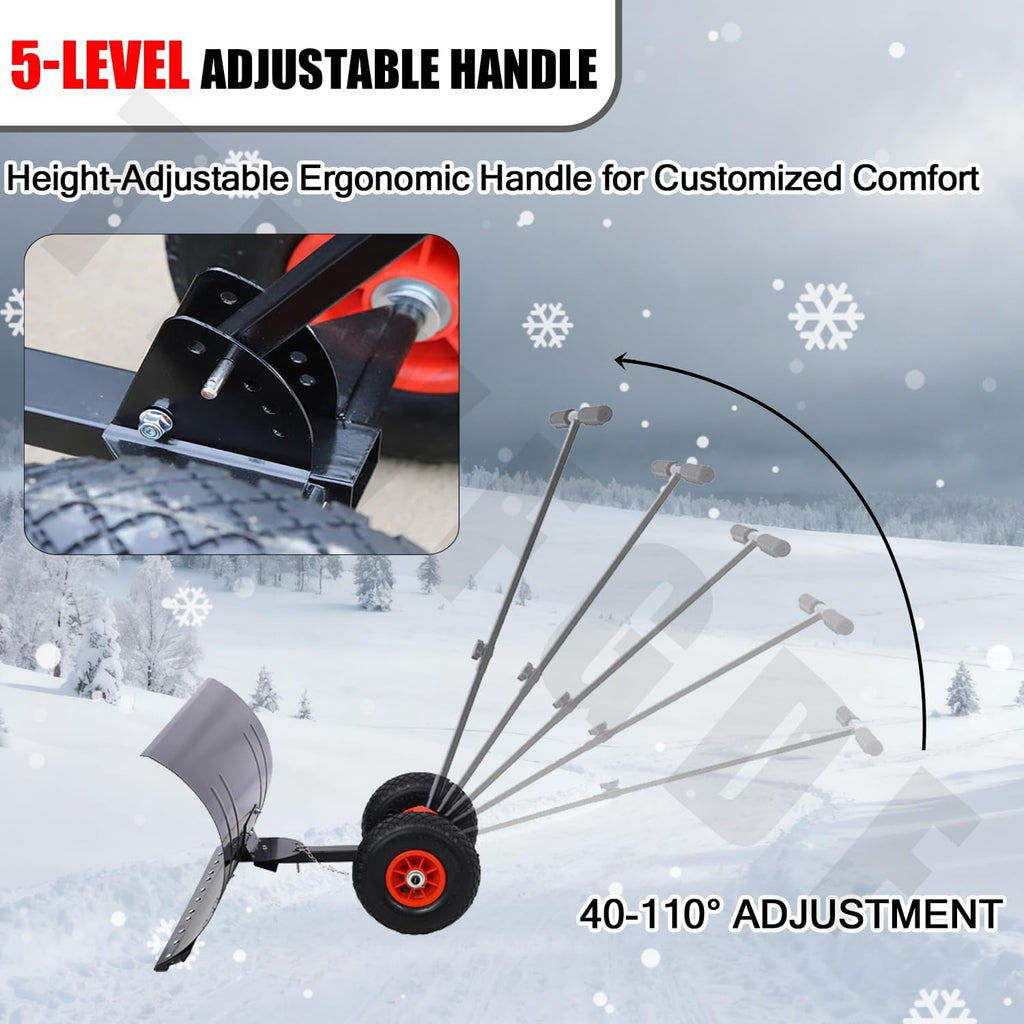 Snow Pusher with Wheels, 29" Wide Snow Shovel for Driveway, 5-Position Angle & Height Handle Ergonomic Design for Back-Save Effort Snow Removal (Single Rod-W 29'')