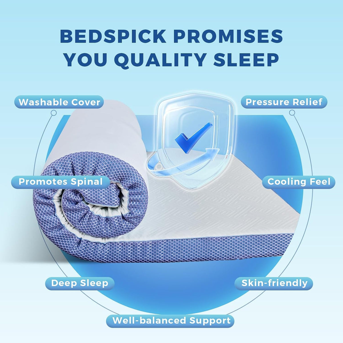 BedsPick Twin Mattress Topper, 3 Inch Memory Foam Cooling Gel Foam Bed Mattress Topper for Pain Relief, Soften Firm Mattress for Single Room, Washable Cover, Non-Slip Elastic Band, CertiPUR-US