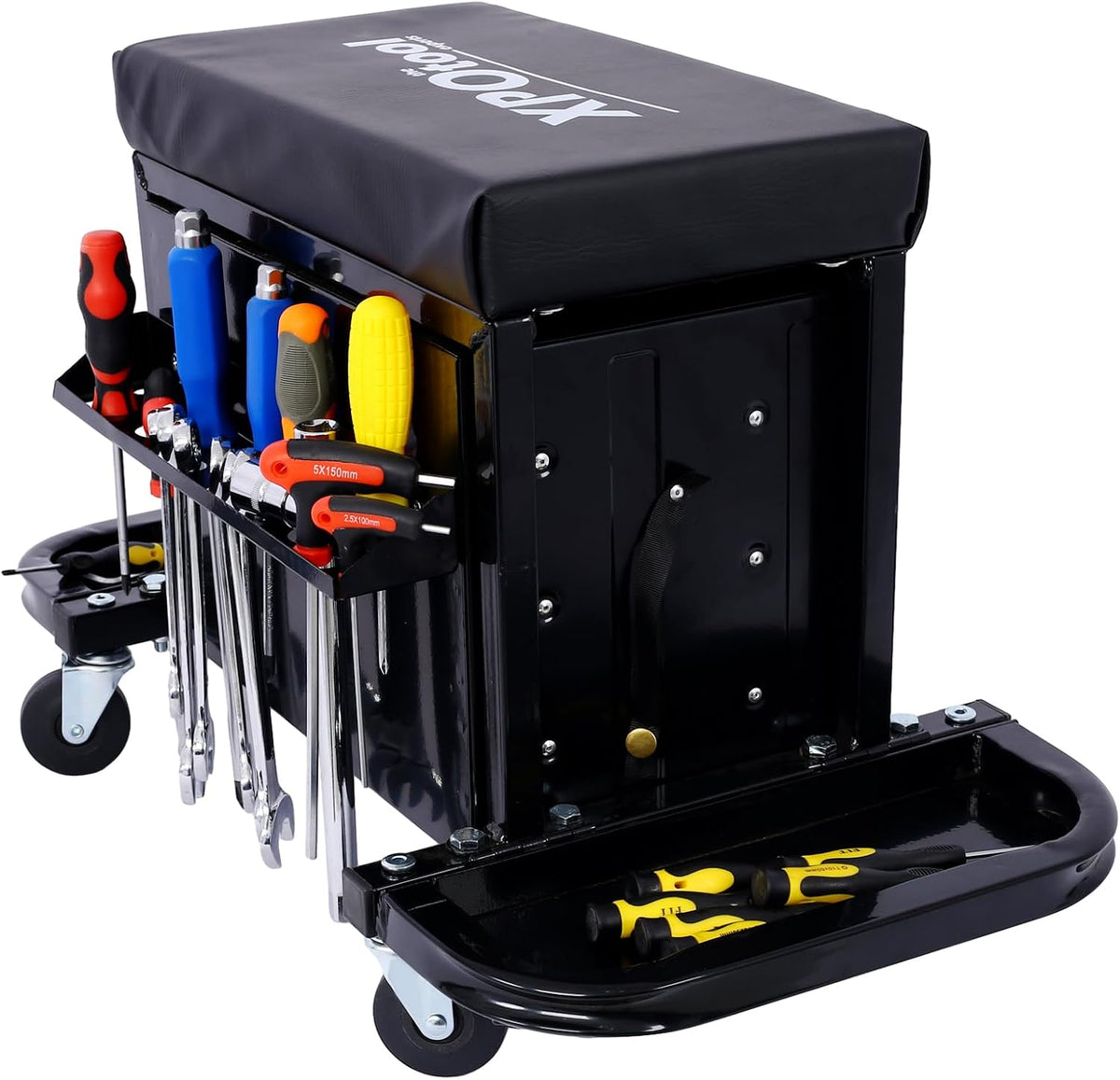 3-Drawer Rolling Tool Chest Seat Garage Glider Mechanic Stool with Magnetic Side Trays, Heavy Duty Rolling Tool Box for Warehouse, Workshop, 350lbs Capacity