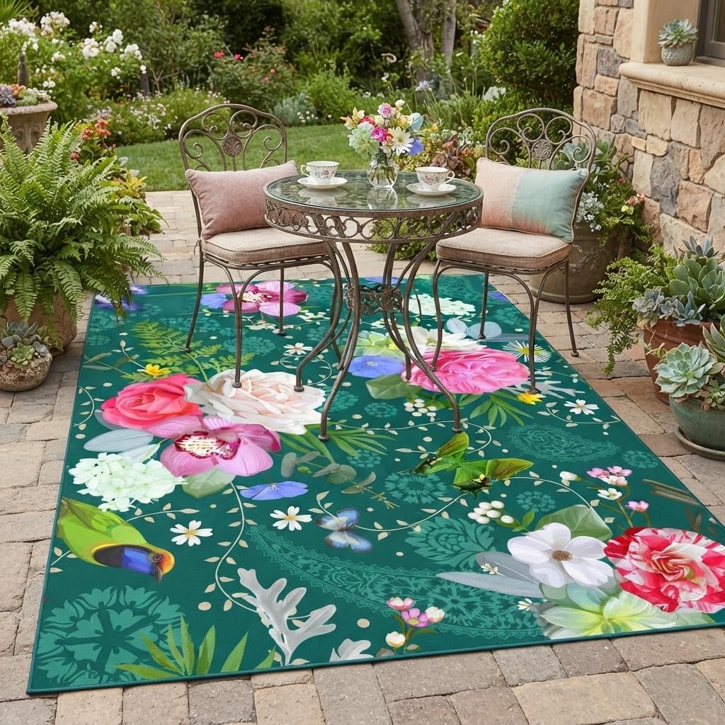 White Pink Beige Gentle Elegant Outdoor Floral Rugs 9x12 Contemporary Aesthetic Texture Thin Non Slip Durable Indoor Outside Carpets for Garden Backyard Balcony Patio Deck Veranda Deck Mats