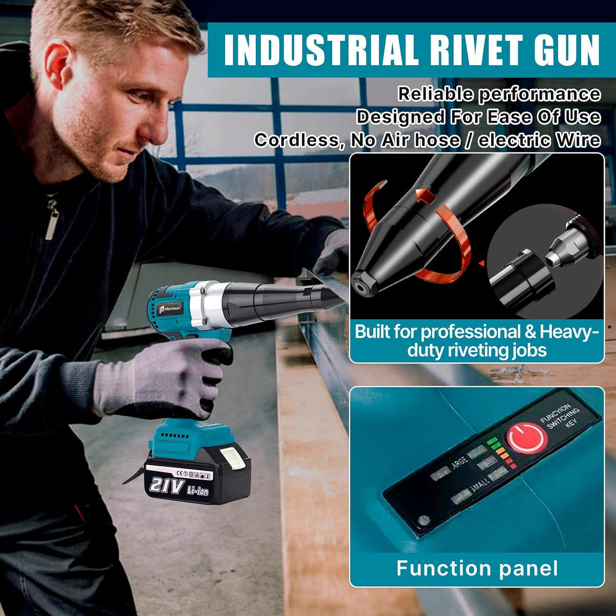 Cordless Rivet Gun,Automatic Brushless Riveter Tool Kit for Rivets 2.4 / 3.2 / 4.0 / 4.8 mm,Portable 21V Lithium-ion Electric with 2 3.0Ah Battery for Stainless Steel, Aluminum Rivets (2 batteries)