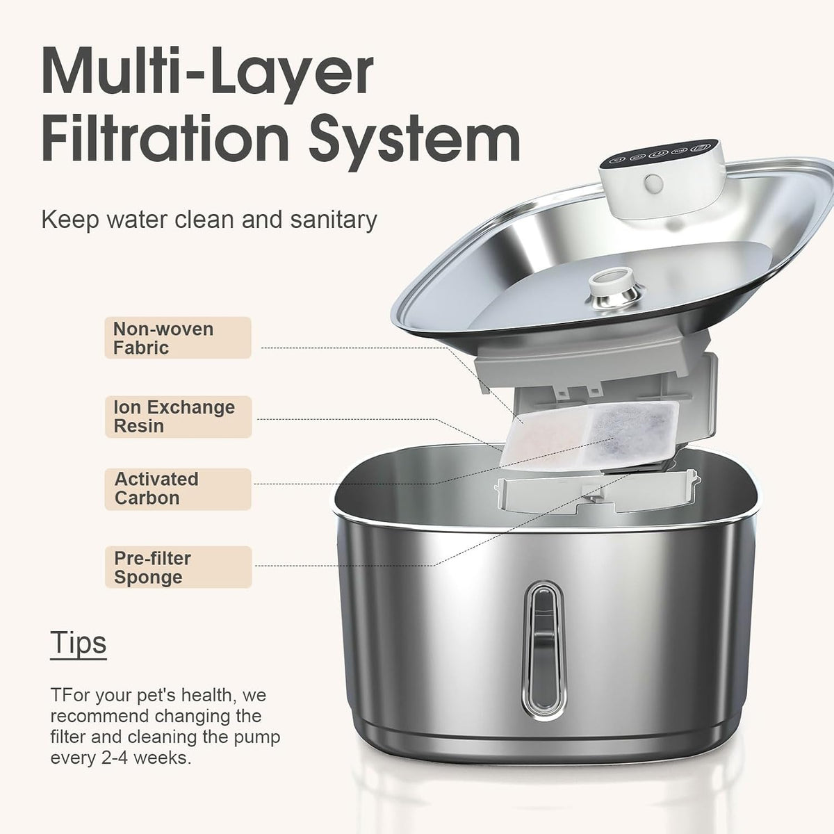 Cordless Cat Water Fountain, 3.2L/108oz Rechargeable Stainless Steel Cat Water Fountain Battery Operated with Replacement Filters, Quiet Pump, Sensor Automatic Dispenser for Cats Indoor