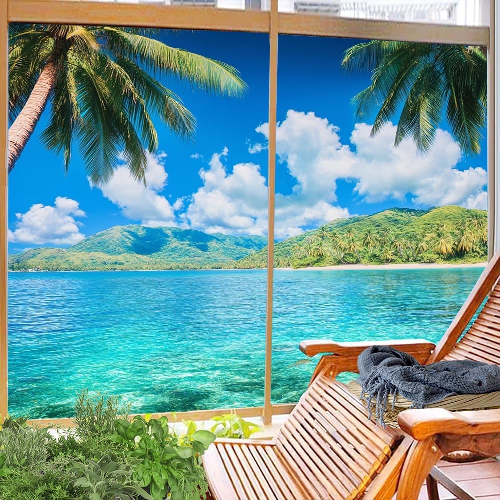 Watercolor Tropical Landscape Window Privacy Film 35.4Wx55.1L inch x 2pcs