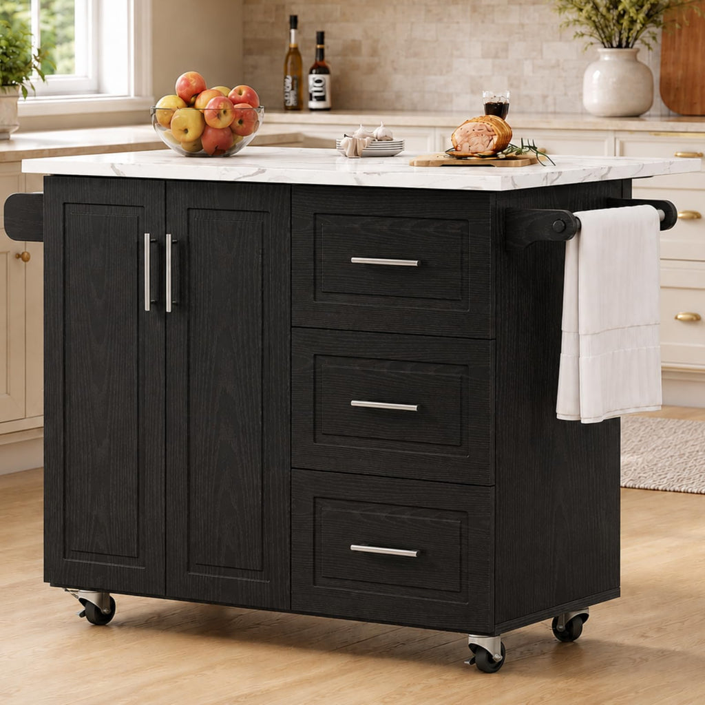43" Kitchen Island on Wheels, Rolling Kitchen Island with Drop Leaf, Black