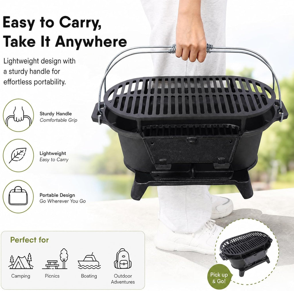 100% Cast Iron Hibachi Grill Charcoal, Hibachi Grill Outdoor, Oval