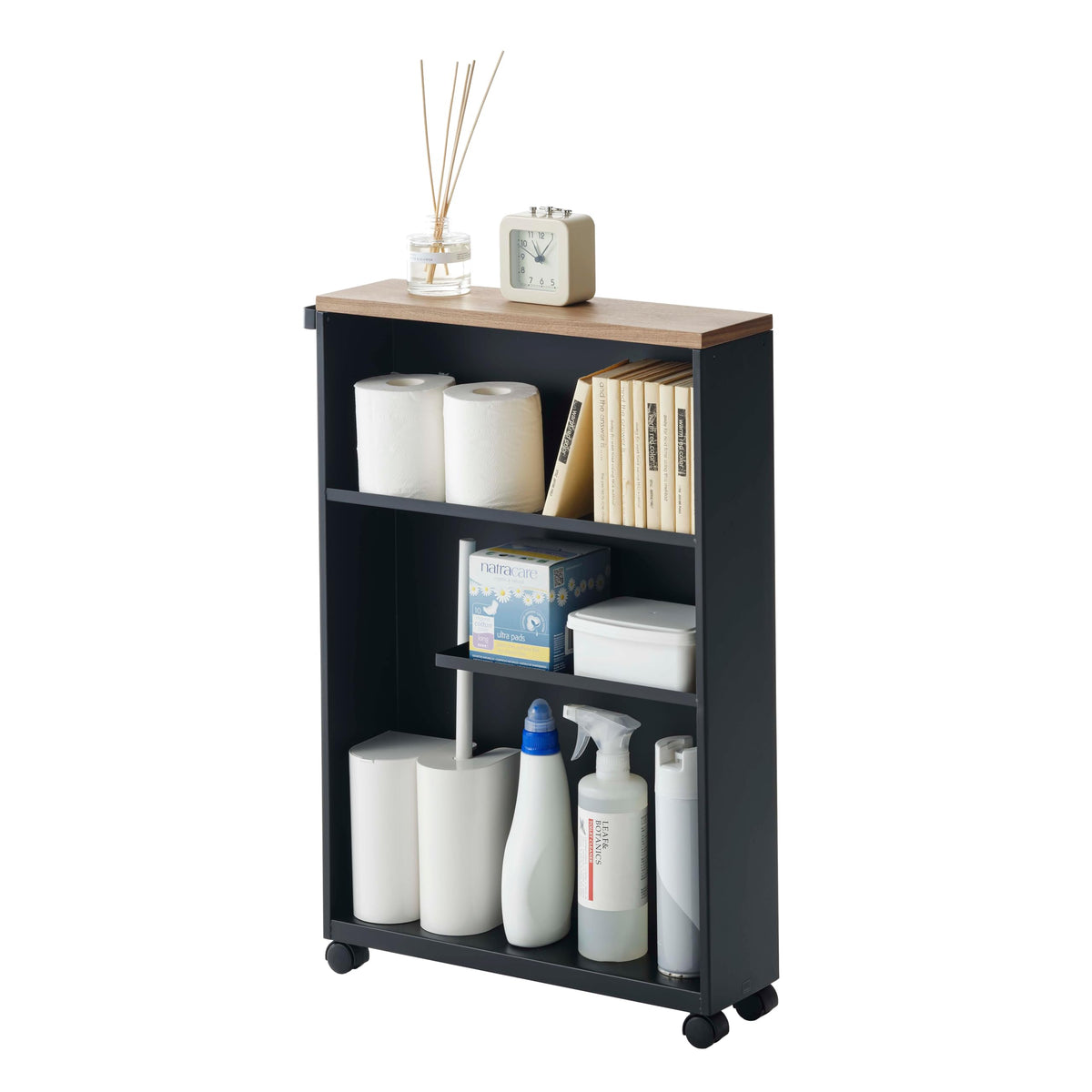 Yamazaki Home Slim Rolling Storage Cart – Narrow Bathroom Storage Cabinet With Handle, Slim Bathroom Storage Cart With Wheels, Easy Assembly, Steel + Wood, White, 27" - Steel -