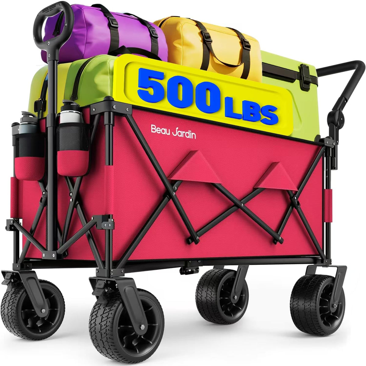 Beau Jardin Folding Push & Pull Beach Wagon 500 lbs Collapsible Foldable Wagons with Push Handle All Terrain Wheels Grocery Utility Camping Skiing Ice Fishing Sports Garden Wagon Cart Black