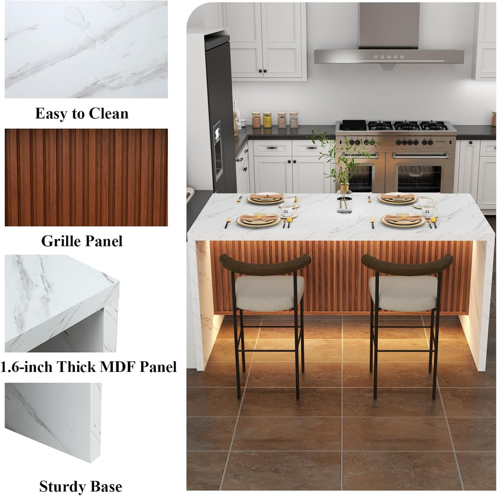 63" Large Imitation Marble Dining Table for 4-6 People, with LED Lights
