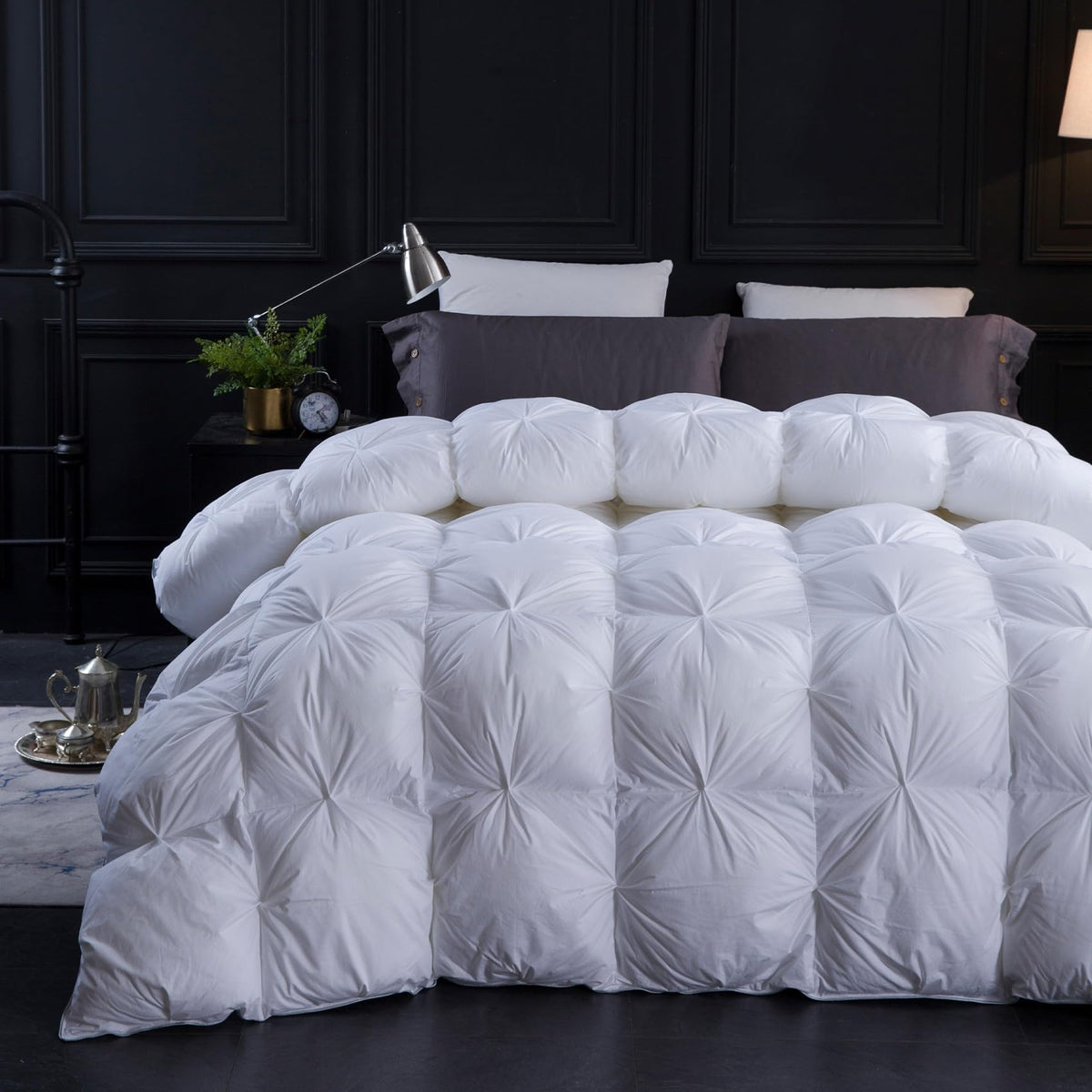 Three Geese Pinch Pleat Waterfowl Feathers and Down Comforter Queen Size Duvet Insert, 1200TC 100% Cotton Fabric, Premium All Seasons BlackGrey Warm Hotel Comforter with 8 Tabs.