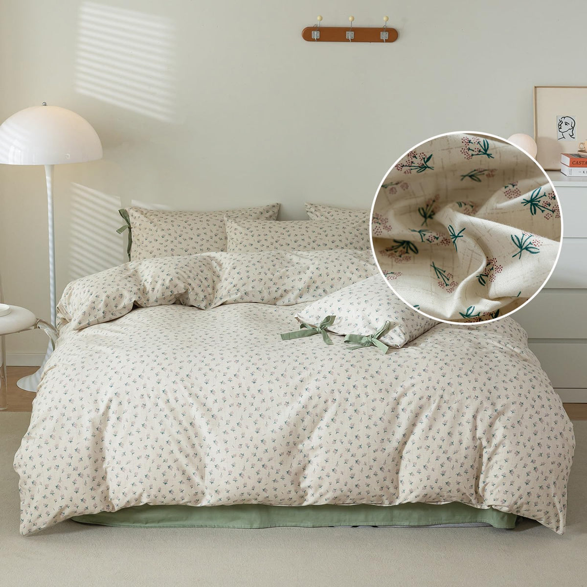 LifeTB Green Floral 100% Jersey Knit Cotton Duvet Cover Queen Vintage Style Botanical Floral Bedding Set Chic Shabby Green Floral Comforter Cover Girl Women Flower Bedding Cover with 2 Pillowcases