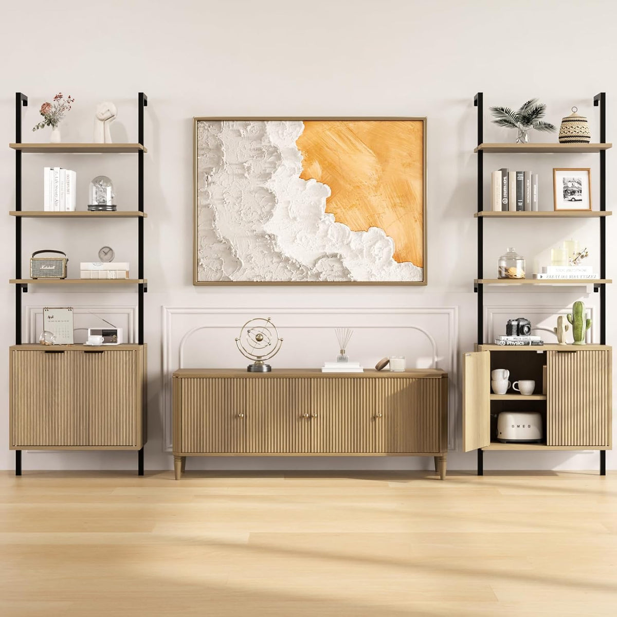 Halitaa 71”Ladder Shelf with Storage Cabinet, Wall Mounted Ladder Bookshelf