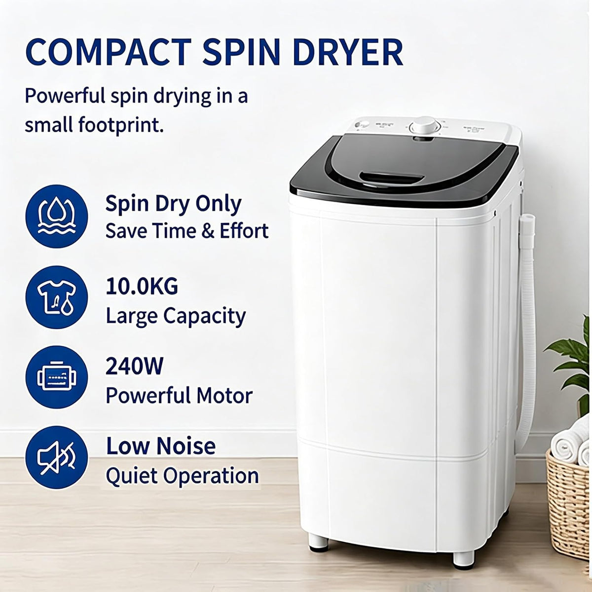 10KG Portable Spin Dryer, 1000RPM Compact Clothes Spinner with Stainless Steel Drum, Built-in Blue Light and Powerful Motor for Apartments, RVs and Small Spaces