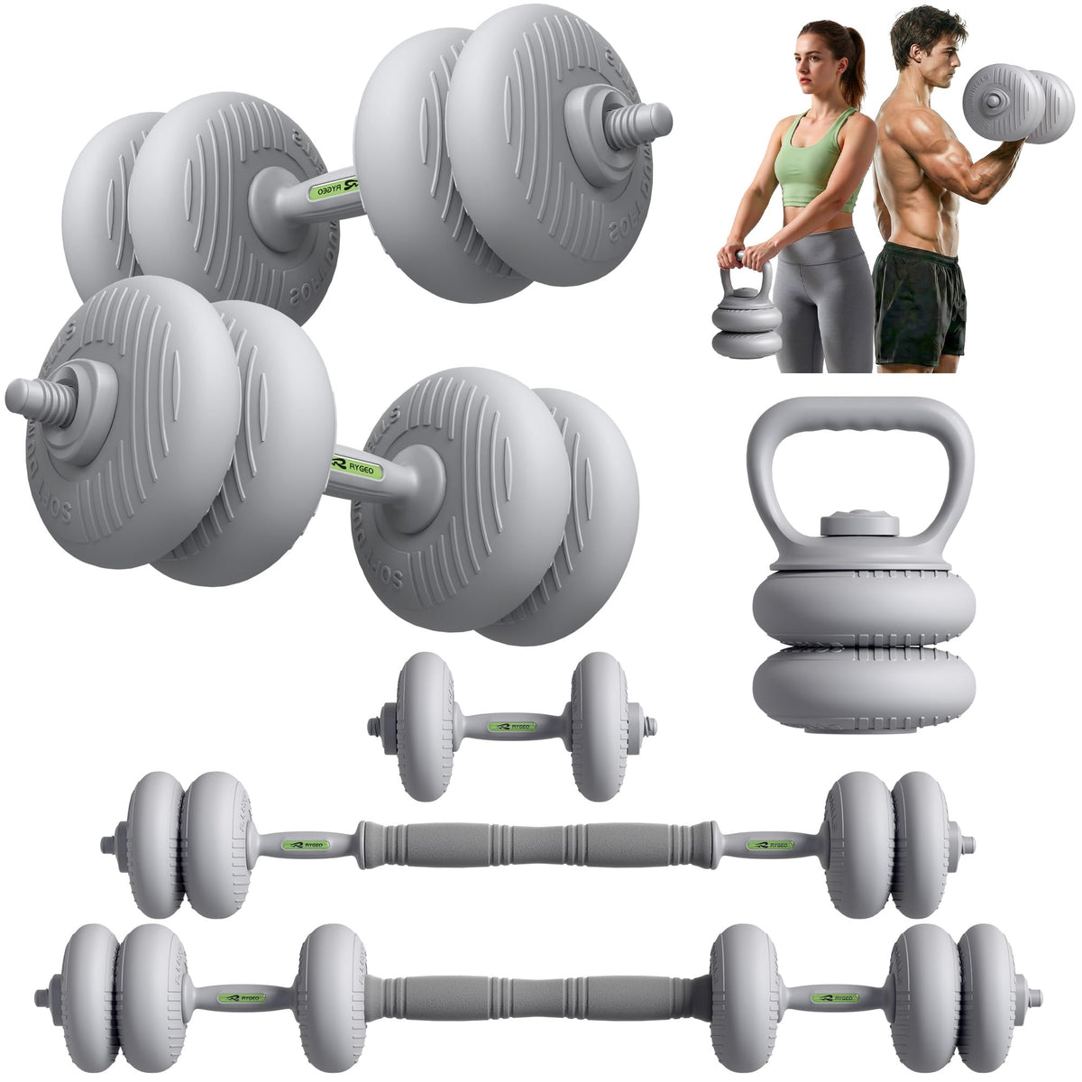 RYGEO Adjustable Dumbbell Set 22lb/44lb/66lb/80lbs Free Weights and Connector, Convert to Barbell, Kettlebells, All Floor Friendly Soft-shell Dumbbells, Home Gym Fitness for Men Women