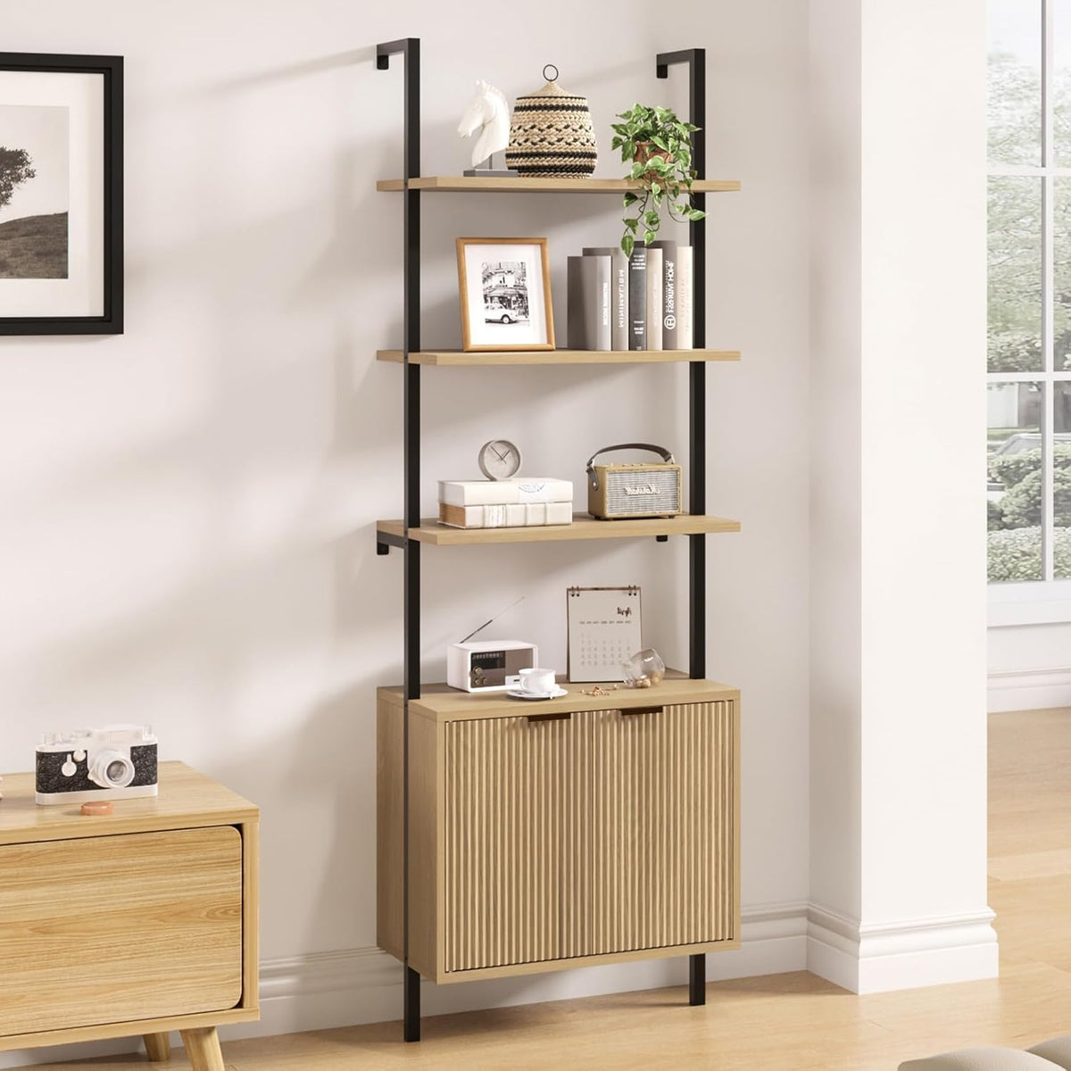Set of 2 Ladder Shelf with Storage Cabinet,71”Wall Mounted Ladder Bookshelf