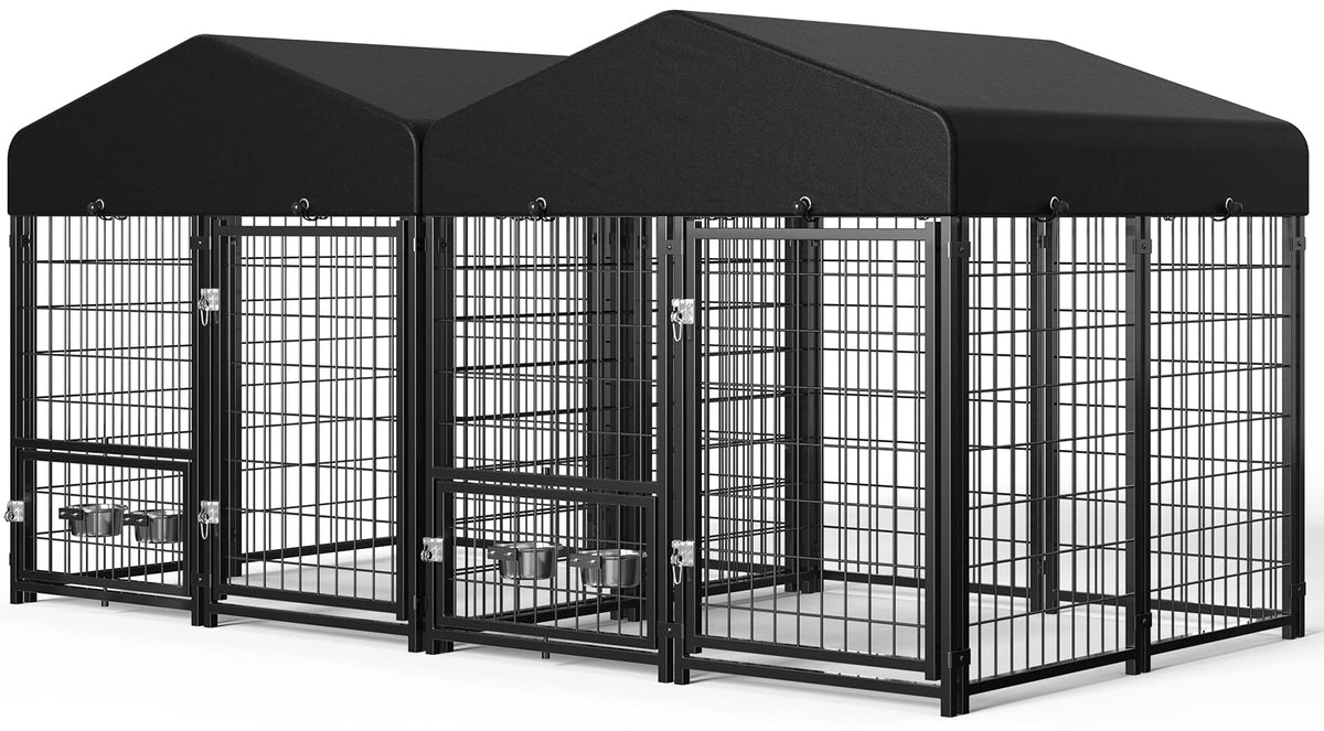 Dog Kennel Outdoor, Large Outside Dog Kennel with Roof & Swivel Feeders/Removable Doggy Door Allow Connecting Your Dog House, Heavy Duty Dog Run Pen for Medium/Large Dogs (8'L x 4'W x 6'H)