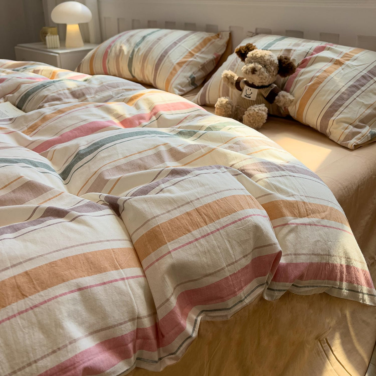 mixinni Vintage Buffalo Plaid Duvet Cover Set Queen Size - 3 Piece Washed Cotton Bedding Set with Grid Pattern, Soft & Breathable Duvet Cover with Pillowcases for All Seasons,(Brown & Blue,Beige)