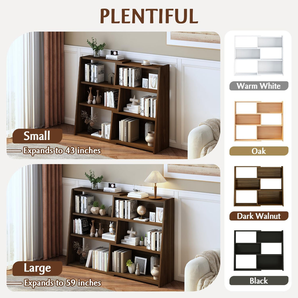 IOTXY Wooden Extendable Shelf Bookcase, 3-Tier Low Bookshelf, Walnut, S
