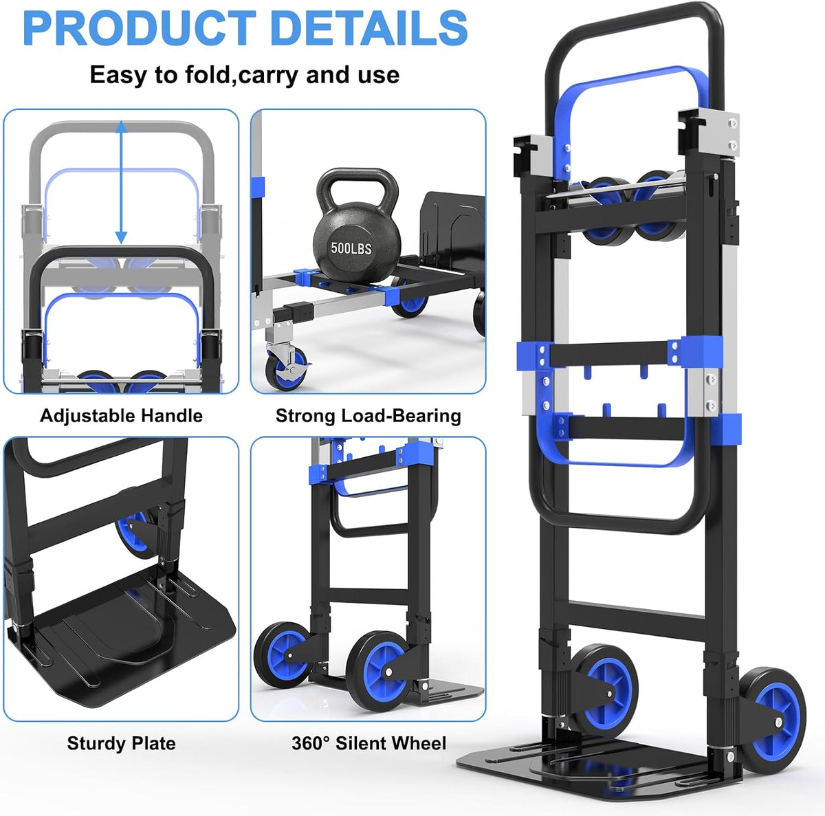 3-in-1 Folding Heavy Duty Hand Truck Dolly Cart Trolley with Wheels (Blue)