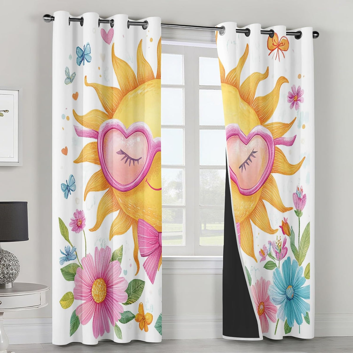 Cute Sun Curtains Blackout for Living Room Bedroom, Colorful Floral Butterfly Curtains 108 Inch Length 2 Panels Set, Thermal Insulated Grommet Drapes - Girly Kawaii Home Decor Q3K-X16