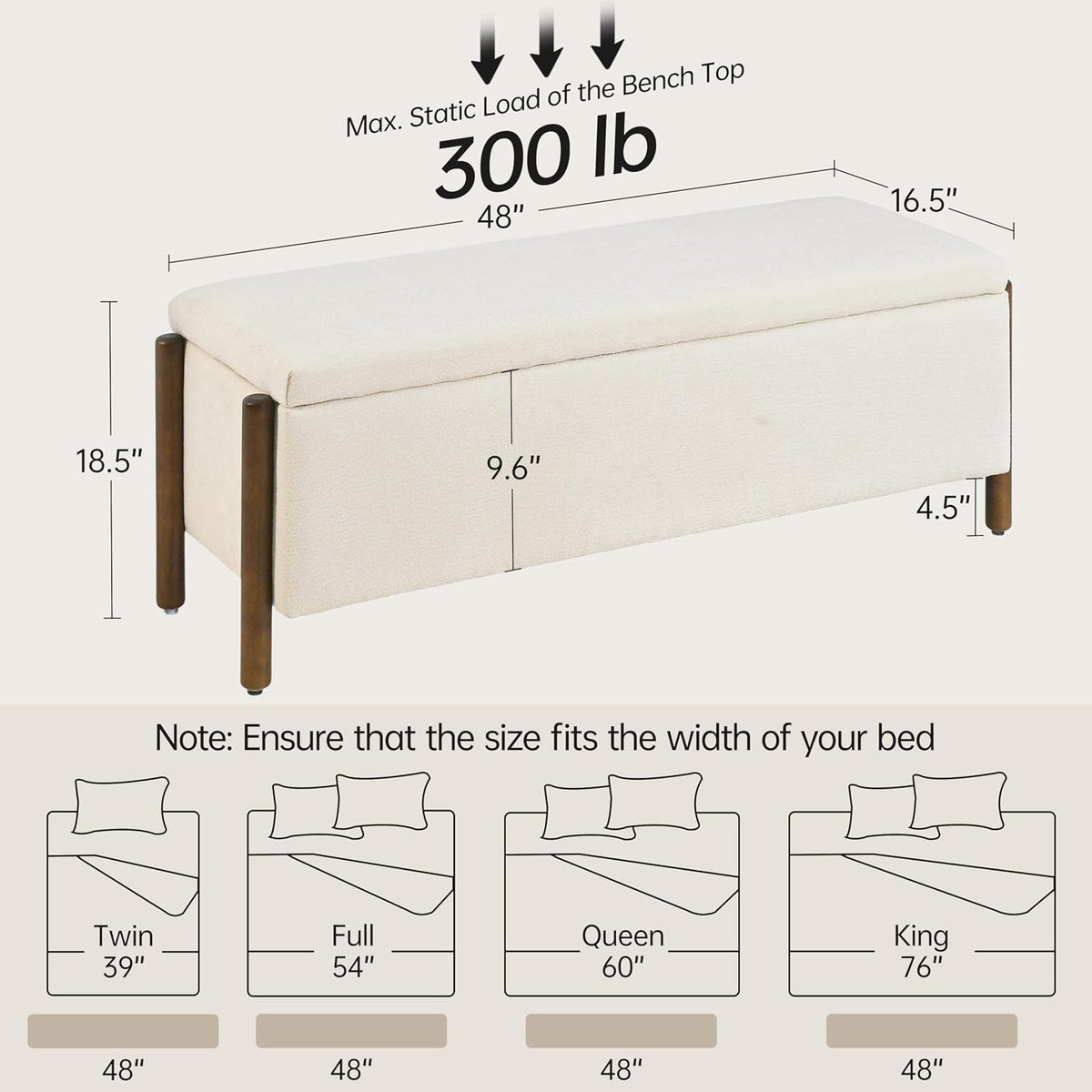Usaint 47" Fabric Upholstered End of Bed Storage Ottoman Bench, Beige