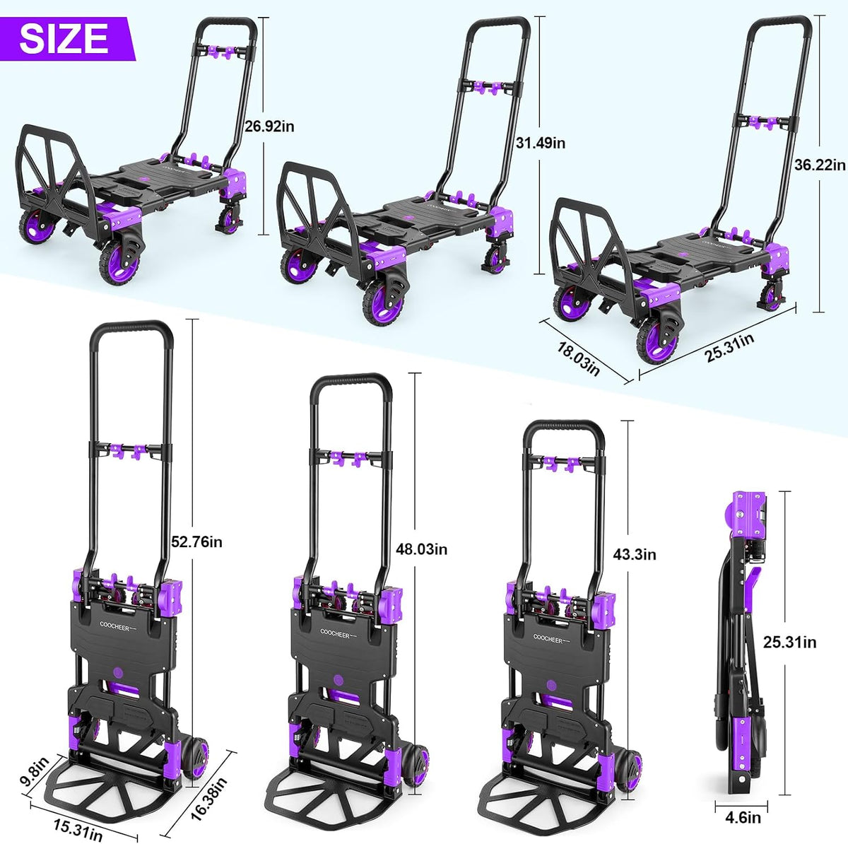 Folding Hand Truck Dolly, 330lb Convertible 4 to 2 Wheel Moving Cart,Purple