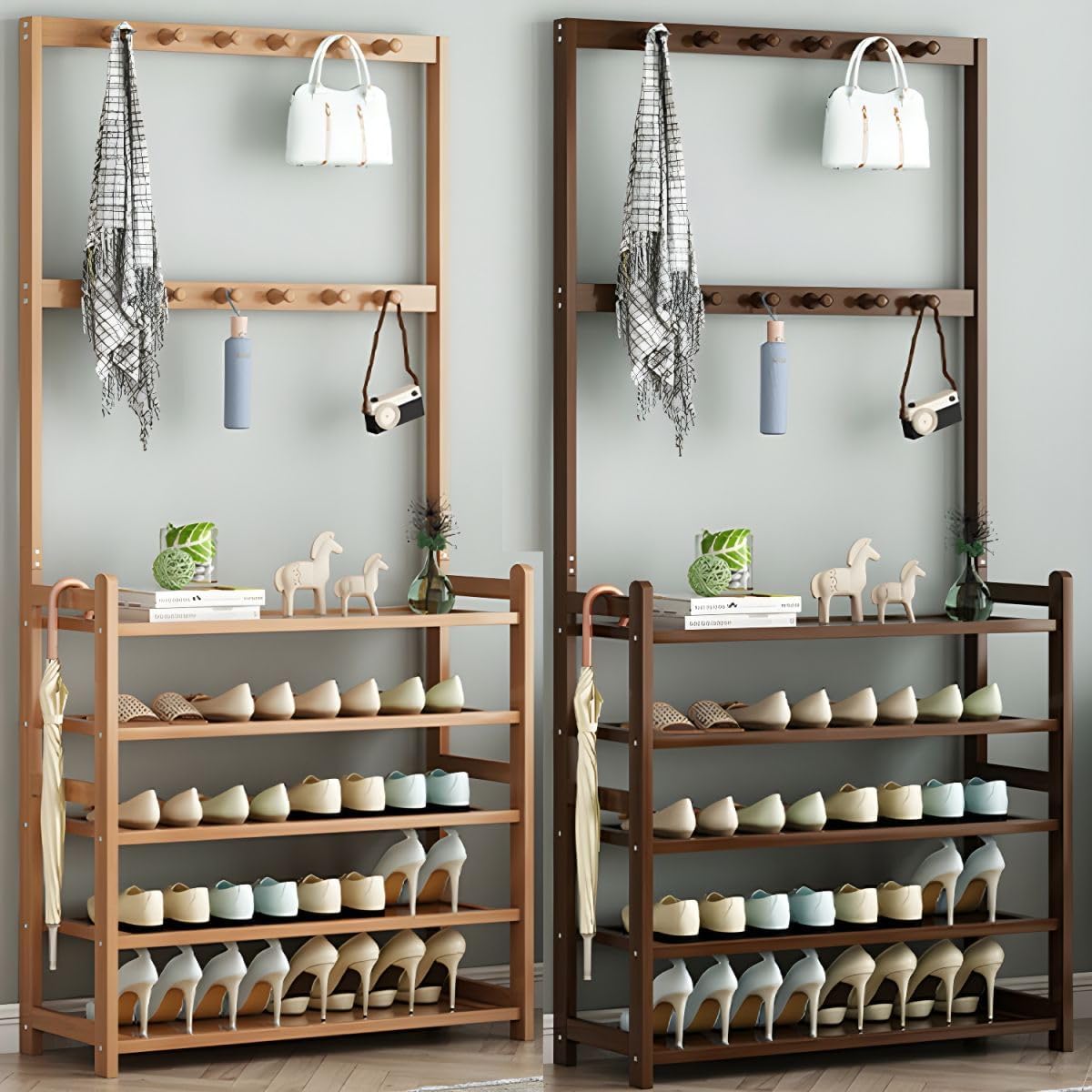 Modern Wood Coat Hanger Storage Shelves & Coat Hooks Entryway Kit Multifunctional Clothes Hanger Floor-standing Bedroom Clothes Storage Rack Simple Coat Rack Natural 31.5"L x 9.1"W x 69.3"H