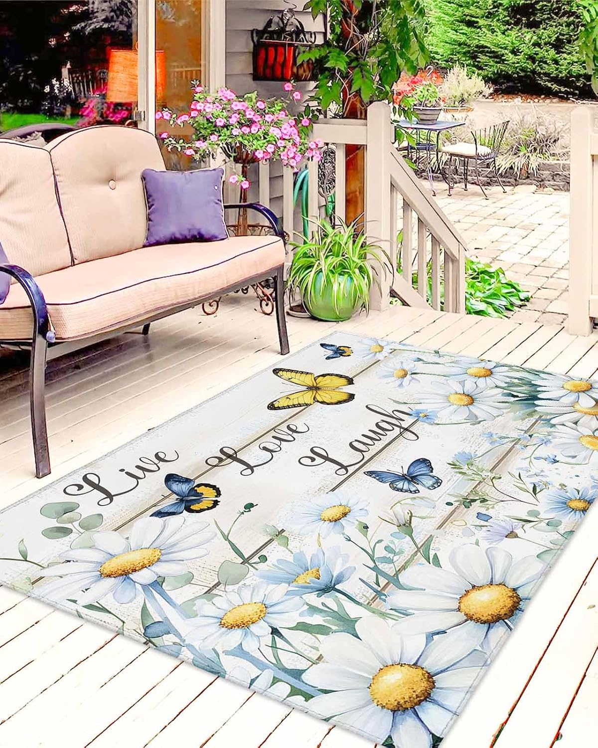 Summer Daisy Butterfly Outdoor Rug 5x8ft, Waterproof Indoor Outdoor Rug for Patio, Farmhouse Flowers Wooden Camping Carpet Mat Outside Area Rug for RV Picnic Beach Balcony Deck Backyard