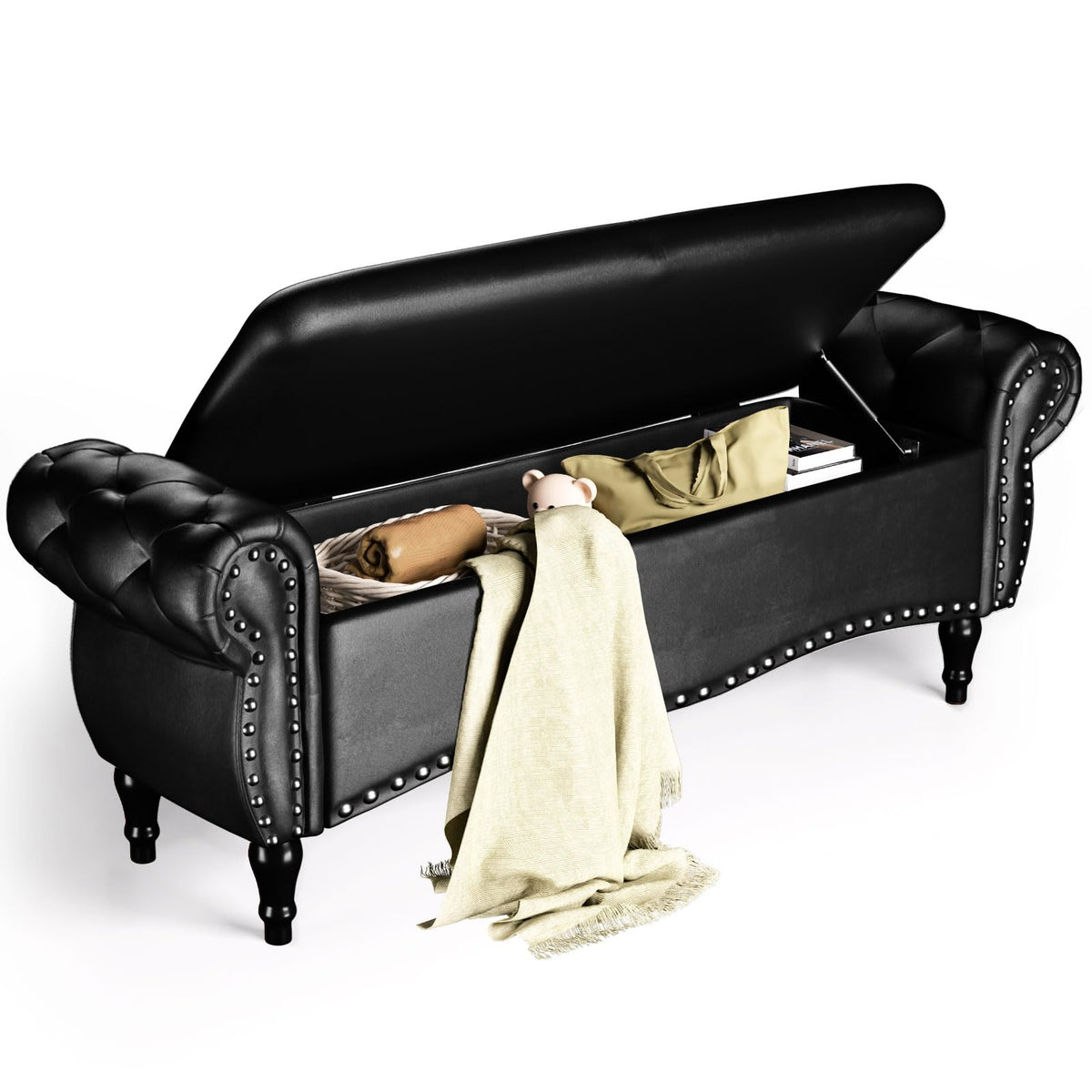 ZZW Storage Ottoman Bench, 51" Length Upholstered End of Bed Storage Bench for Bedroom with Safety Hinge, Tufted Bed Benches with Rolled Arm and Nailhead Trim for Living Room, Entryway Brown