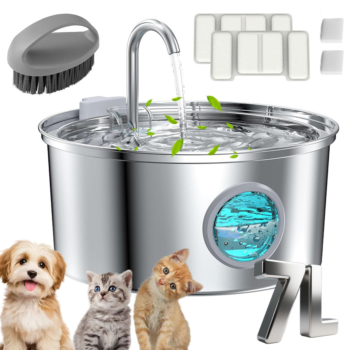 Water Fountain for Cats, 3.2L/7L Cat Fountain, Super Quiet Stainless Steel Fountain Water Bowl for Small Cats Dogs & Medium and Large Animals (Silver, 7L-with 10 Filter Element)
